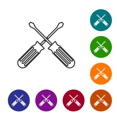 Gri çizgi çapraz Tornavidalar simgesi beyaz arka planda izole. Servis aracı sembolü. Renk daire düğmelerinde simgeyi ayarlayın. Vektör Illustration