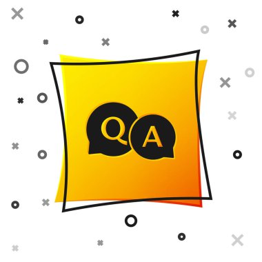 Beyaz arka planda izole soru ve cevap simgesi ile siyah konuşma kabarcıklar. Q ve A sembolü. SSS işareti. Sohbet konuşma balonu ve grafik. Sarı kare düğmesi. Vektör Illustration