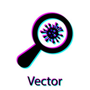 Büyüteç simgesi altında siyah mikroorganizmalar beyaz arka planda yalıtılmış. Bakteri ve mikroplar, hücre kanseri, mikrop, virüs, mantar. Vektör Illustration