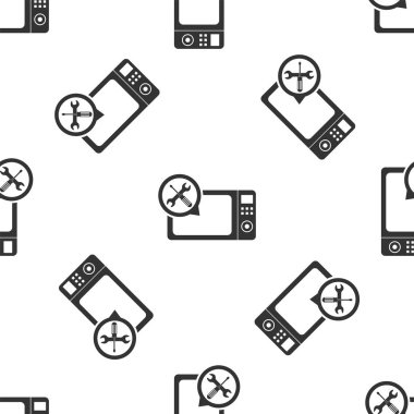 Beyaz arka planda tornavida ve anahtar simgesi izole Dikişsiz desen ile gri mikrodalga fırın. Ayarlama, hizmet, ayarlama, bakım, onarım, sabitleme. Vektör Illustration