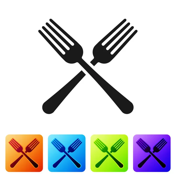 Black Crossed fork icon isolated on white background. Cutlery symbol. Set icon in color square buttons. Vector Illustration — Stock Vector