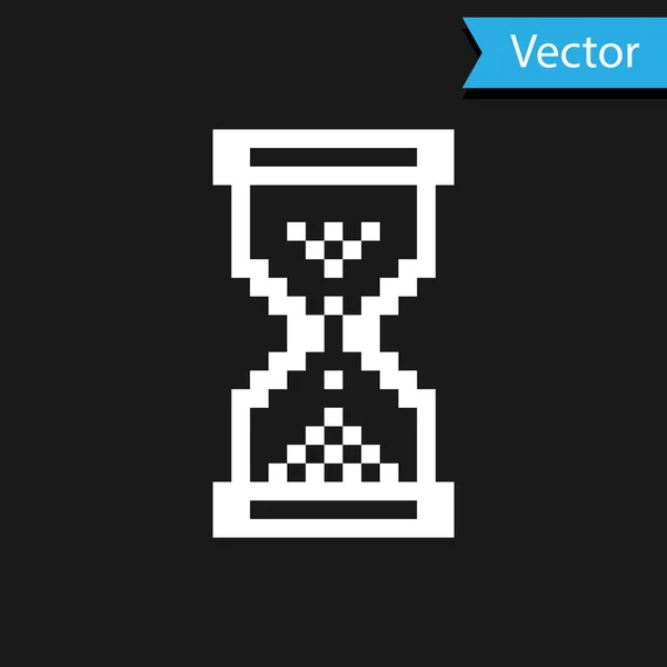 Weiße Sanduhr Pixel mit fließenden Sand Symbol isoliert auf schwarzem Hintergrund. Sanduhr-Zeichen. Geschäfts- und Zeitmanagement-Konzept. Vektorillustration — Stockvektor