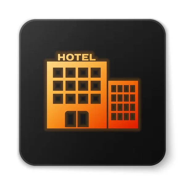 オレンジ色の輝くホテルの建物のアイコンは、白い背景に隔離されています。黒い正方形のボタン。ベクトルイラストレーション — ストックベクタ
