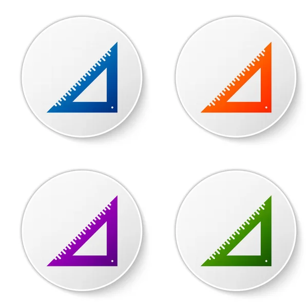 Ikon penggaris segitiga warna diisolasi pada latar belakang putih. Simbol garis lurus. Simbol Geometrik. Atur ikon dalam lingkaran tombol. Ilustrasi Vektor - Stok Vektor