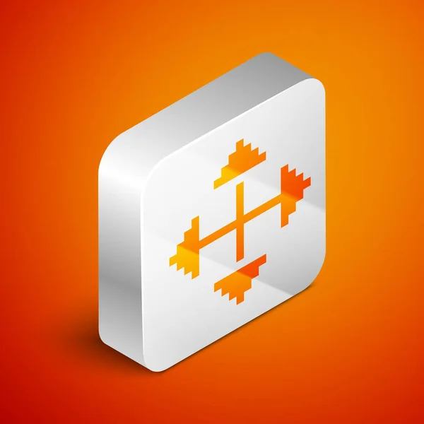 Isometric Pixel arrows in four directions icon isolated on orange background. Cursor move sign. Silver square button. Vector Illustration