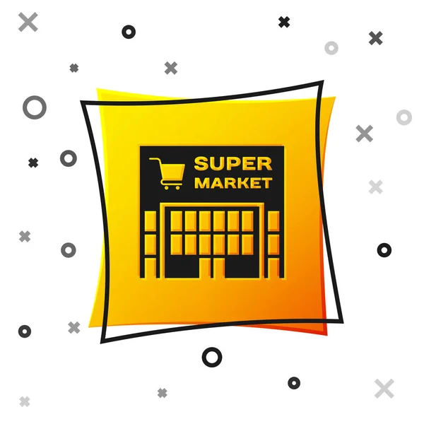 Zwarte supermarkt gebouw met winkelwagentje icoon geïsoleerd op witte achtergrond. Winkel of winkel. Mall Building. Gele vierkante knop. Vector illustratie — Stockvector