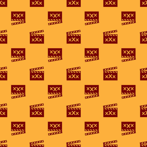 Красный хлопок фильма с надписью XXX значок изолированный бесшовный узор на коричневом фоне. Символ возрастных ограничений. 18 плюс знак содержания. Канал для взрослых. Векторная миграция
