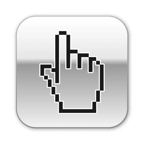 Ícone cursor mão Pixel preto isolado no fundo branco. Cursor de ponteiro. Botão quadrado de prata. Ilustração vetorial — Vetor de Stock