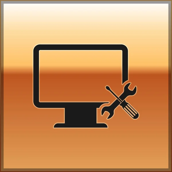 Monitor černého počítače s ikonou šroubováku a klíče je izolovaná na zlatém pozadí. Seřízení, servis, nastavení, údržba, opravy, upevnění. Vektorová ilustrace — Stockový vektor