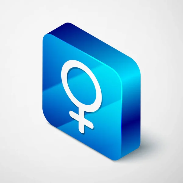 Ізометричної жіночої статі символ значок, ізольований на білому фоні. Символ Венери. Символ для жіночого організму або жінки. Синя квадратна кнопка. Векторна ілюстрація — стоковий вектор