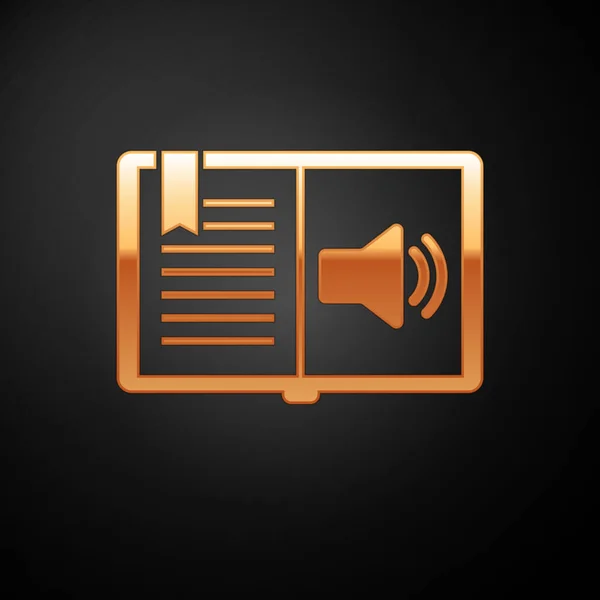 Icono del libro Gold Audio aislado sobre fondo negro. Signo de audio guía. Concepto de aprendizaje en línea. Ilustración vectorial — Archivo Imágenes Vectoriales