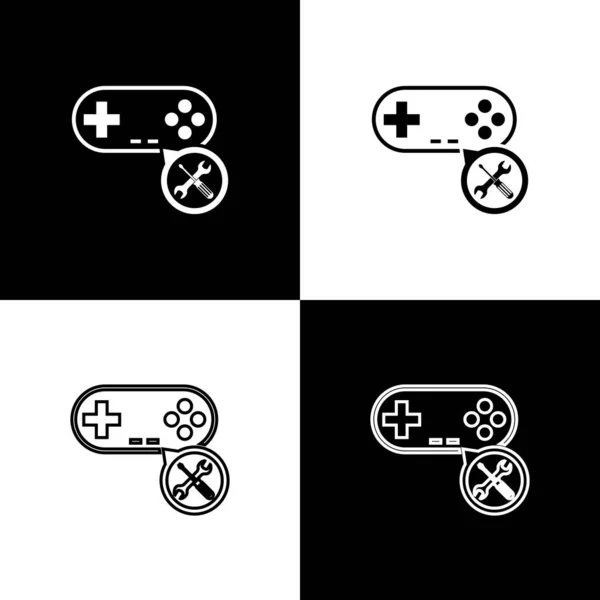 Ställ in gamepad med skruvmejsel och skiftnyckelikon isolerad på svart och vit bakgrund. Justering, service, inställning, underhåll, reparation, fixering. Vektor illustration — Stock vektor