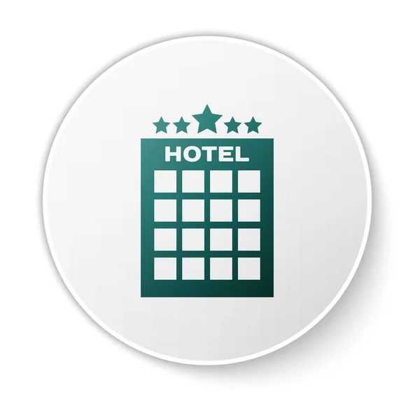 Green Hotel building icon isolated on white background. White circle button. Vector Illustration — Stock Vector