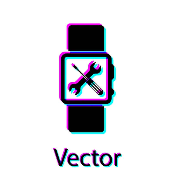 Black Smartwatch with screwdriver and wrench icon isolated on white background. Adjusting, service, setting, maintenance, repair, fixing. Vector Illustration — Stock Vector