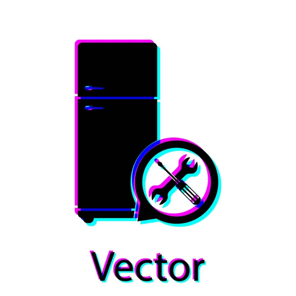 Refrigerador negro con destornillador e icono de la llave inglesa aislado sobre fondo blanco. Ajuste, servicio, ajuste, mantenimiento, reparación, fijación. Ilustración vectorial — Vector de stock