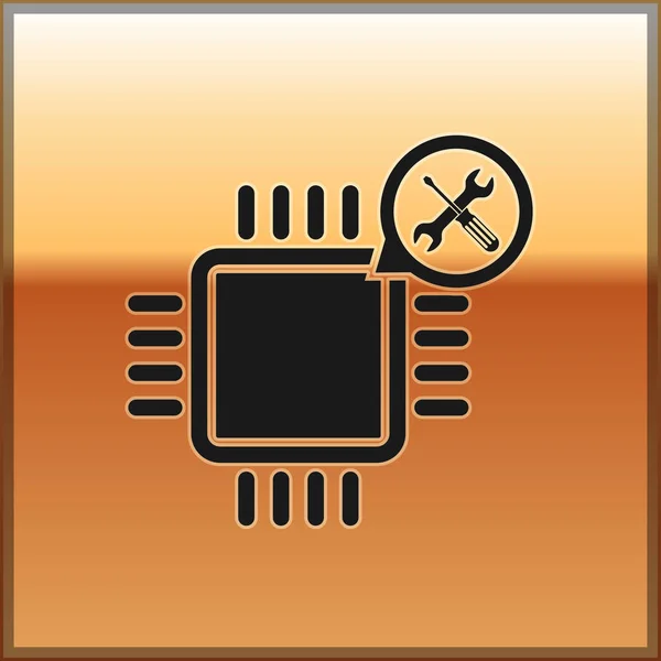Processador preto com chave de fenda e ícone de chave de fenda isolado no fundo dourado. Ajuste, serviço, configuração, manutenção, reparação, fixação. Ilustração vetorial — Vetor de Stock