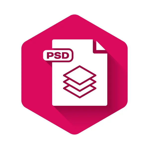 Wit PSD-bestands document. Download PSD knoppictogram geïsoleerd met lange schaduw. PSD-bestand symbool. Roze zeshoek knop. Vector illustratie — Stockvector