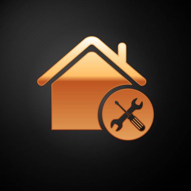 Altın ev veya tornavida ve anahtar simgesi siyah arka planda izole ev. Ayarlama, hizmet, ayarlama, bakım, onarım, sabitleme. Vektör Illustration
