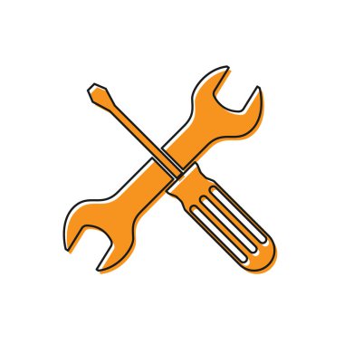 Turuncu çapraz tornavida ve anahtar araçları simgesi beyaz arka planda izole. Servis aracı sembolü. Vektör Illustration