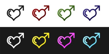 Siyah ve beyaz arka planda izole erkek cinsiyet sembolü ve kalp simgesi ayarlayın. Vektör Illustration