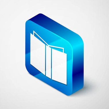 Beyaz arka planda yalıtılmış izometrik açık kitap simgesi. Mavi kare düğmesi. Vektör Illustration