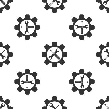 Gri bakım sembolü-anahtar ve tornavida dişli simgesi izole Dikişsiz desen beyaz arka planda. Servis aracı sembolü. Vektör Illustration
