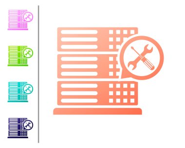 Beyaz arka planda izole tornavida ve anahtar simgesi ile mercan veritabanı sunucusu. Ayarlama, hizmet, ayarlama, bakım, onarım, sabitleme. Renk simgeleri ayarlayın. Vektör Illustration