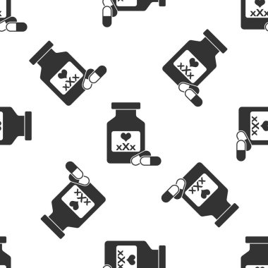 Potens için haplar ile gri tıp şişesi, beyaz arka planda afrodizyak simgesi izole Dikişsiz desen. Erkekler ve kadınlar için seks hapları. Vektör Illustration