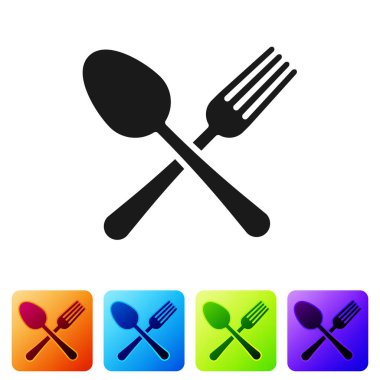 Siyah çapraz çatal ve kaşık simgesi beyaz arka planda izole. Yemek Eşyası. Çatal bıçak işareti. Renk kare düğmelerinde simgeyi ayarlayın. Vektör Illustration