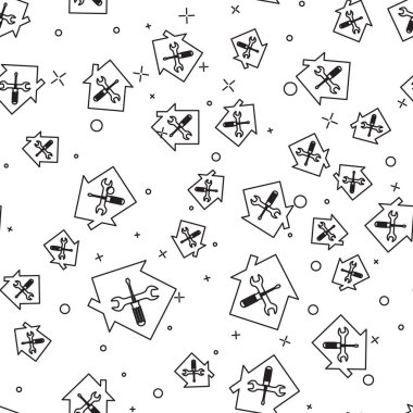 Siyah çizgi ev veya ev tornavida ve anahtar simgesi izole Dikişsiz desen beyaz arka planda. Ayarlama, hizmet, ayarlama, bakım, onarım, sabitleme. Vektör Illustration