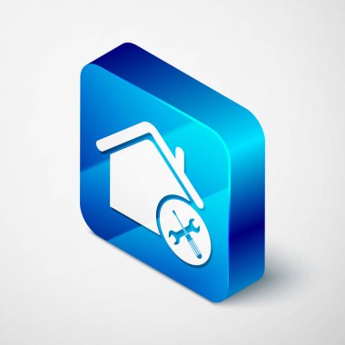 Beyaz arka planda izole edilmiş tornavida ve anahtar simgesi olan izometrik ev veya ev. Ayarlama, hizmet, ayarlama, bakım, onarım, sabitleme. Mavi kare düğmesi. Vektör Illustration