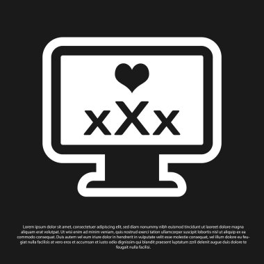 Siyah arka planda izole 18 artı içerik kalp simgesi ile kara bilgisayar monitörü. Yaş kısıtlama sembolü. Xxx içerik işareti. Yetişkin kanalı. Vektör Illustration