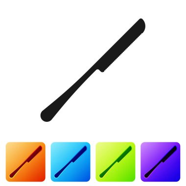 Siyah bıçak simgesi beyaz arka planda izole. Çatal bıçak sembolü. Renk kare düğmelerinde simgeyi ayarlayın. Vektör Illustration