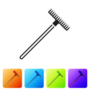 Siyah Bahçe komisyon simgesi beyaz arka planda izole. Bahçecilik, tarım, Tarım için araç. Zemin tohumcu. Temizlik ekipmanları. Renk kare düğmelerinde simgeyi ayarlayın. Vektör Illustration