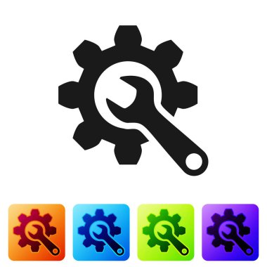 Siyah anahtar ve dişli simgesi beyaz arka planda izole. Ayarlama, hizmet, ayarlama, bakım, onarım, sabitleme. Renk kare düğmelerinde simgeyi ayarlayın. Vektör Illustration