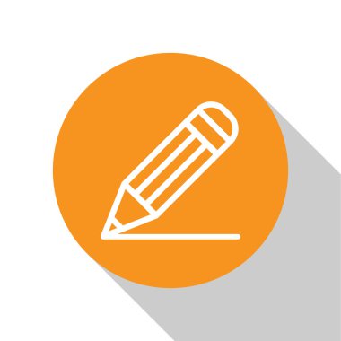 Beyaz kalem ve beyaz arka planda izole çizgi simgesi. Eğitim işareti. Çizim ve eğitim araçları. Okul ofisi sembolü. Turuncu daire düğmesi. Vektör Illustration