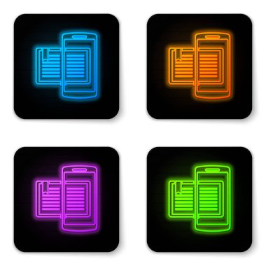 Parlayan Neon Smartphone ve kitap simgesi beyaz arka planda izole. Çevrimiçi öğrenme veya e-öğrenme konsepti. Siyah kare düğmesi. Vektör Illustration