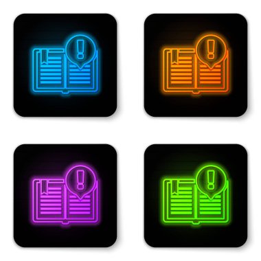 Parlayan Neon Ilginç gerçekler simgesi beyaz arka planda izole. Kitap veya makale işareti. Ünlem işareti işareti. Siyah kare düğmesi. Vektör Illustration