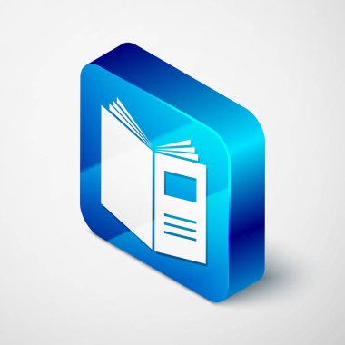 Beyaz arka planda yalıtılmış izometrik açık kitap simgesi. Mavi kare düğmesi. Vektör Illustration