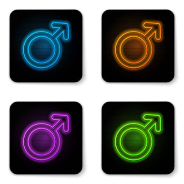 Parlayan Neon erkek cinsiyet simgesi beyaz arka planda izole. Siyah kare düğmesi. Vektör Illustration