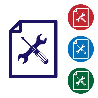 Beyaz arka planda izole tornavida ve anahtar simgesi ile mavi dosya belgesi. Ayarlama, hizmet, ayarlama, bakım, onarım, sabitleme. Daire düğmelerinde renk simgesini ayarlayın. Vektör Illustration