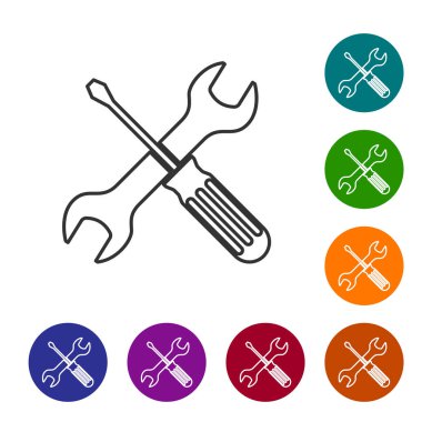 Gri çizgi çapraz tornavida ve beyaz arka planda izole anahtar araçları simgesi. Servis aracı sembolü. Renk daire düğmelerinde simgeyi ayarlayın. Vektör Illustration