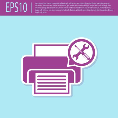 Turkuaz arka planda izole tornavida ve anahtar simgesi ile Retro mor yazıcı. Ayarlama, hizmet, ayarlama, bakım, onarım, sabitleme. Vektör Illustration