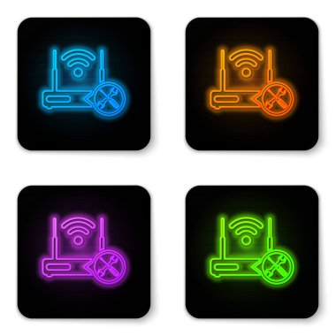 Parlayan Neon Router Wi-Fi ile tornavida ve anahtar simgesi beyaz arka planda izole. Ayarlama, hizmet, ayarlama, bakım, onarım, sabitleme. Siyah kare düğmesi. Vektör Illustration