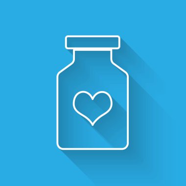 Beyaz çizgi Ilaç şişe potens için haplar, afrodizyak simgesi uzun gölge ile izole. Erkekler ve kadınlar için seks hapları. Vektör Illustration