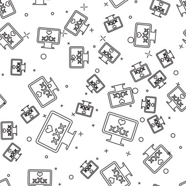 Siyah çizgi bilgisayar monitörü 18 artı içerik kalp simgesi izole Dikişsiz desen beyaz arka plan üzerinde. Yaş kısıtlama sembolü. Xxx içerik işareti. Yetişkin kanalı. Vektör Illustration