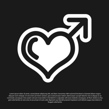 Siyah erkek cinsiyet sembolü ve siyah arka planda izole kalp simgesi. Vektör Illustration