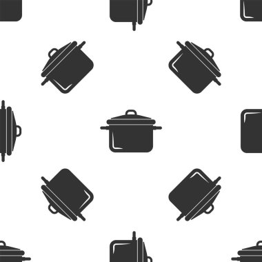 Gri pişirme pot simgesi beyaz arka planda izole Dikişsiz desen. Kaynatın veya güveç gıda sembolü. Vektör Illustration