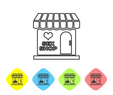 Beyaz arka planda izole çizgili tente simgesi ile gri çizgi Sex Shop binası. Seks Dükkanı, online seks mağazası, Yetişkin Erotik ürünler kavramı. Renk Rhombus düğmelerinde simgesini ayarlayın. Vektör Illustration