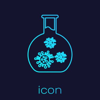 Turkuaz çizgi mavi arka planda izole virüs ve bakteri simgesi ile laboratuar cam test tüpü. Analiz mikroorganizma, araştırma, tanı. Vektör Illustration